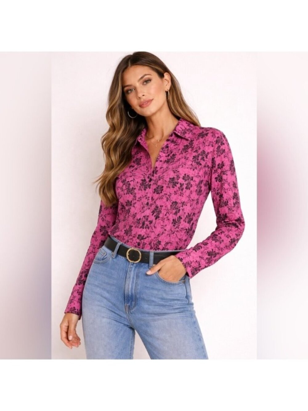 Denver Hayes Pink Floral Button-Up Shirt – Size M